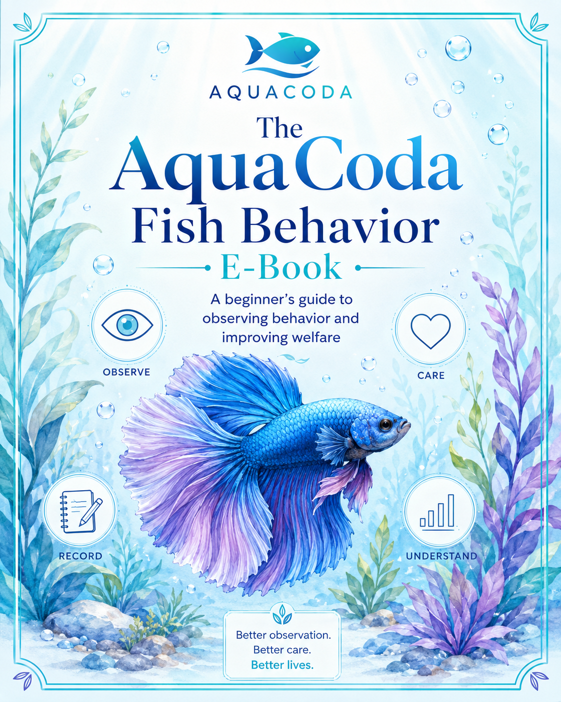 The AquaCoda Fish Behavior E-Book cover featuring a blue and purple betta fish