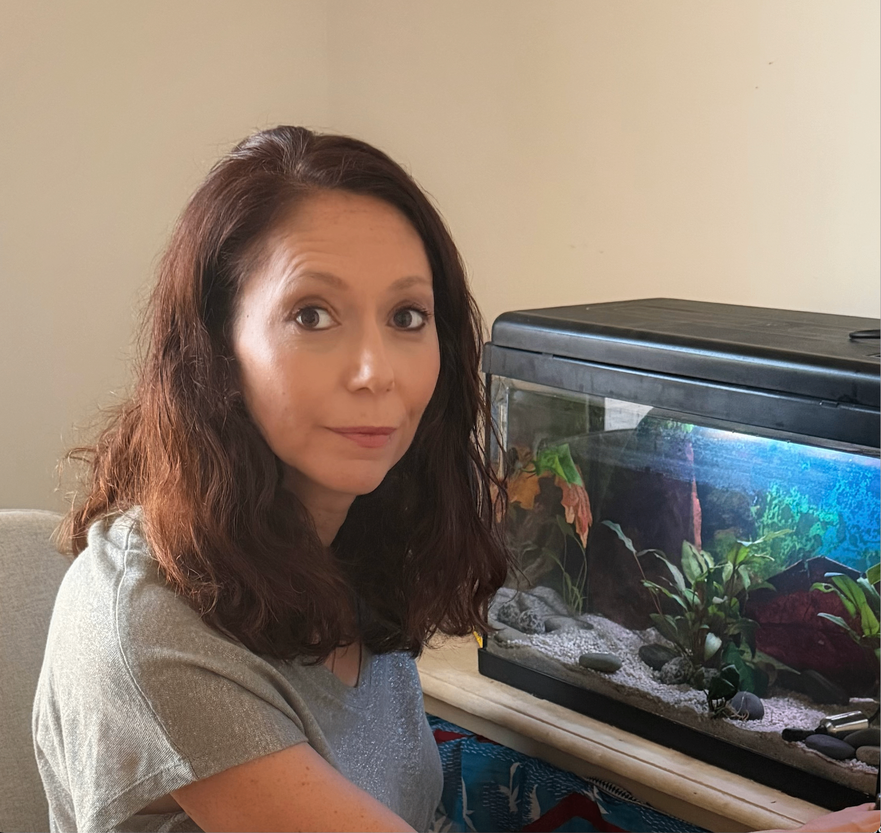 Sophie Cohen-Bodénès next to her home aquarium