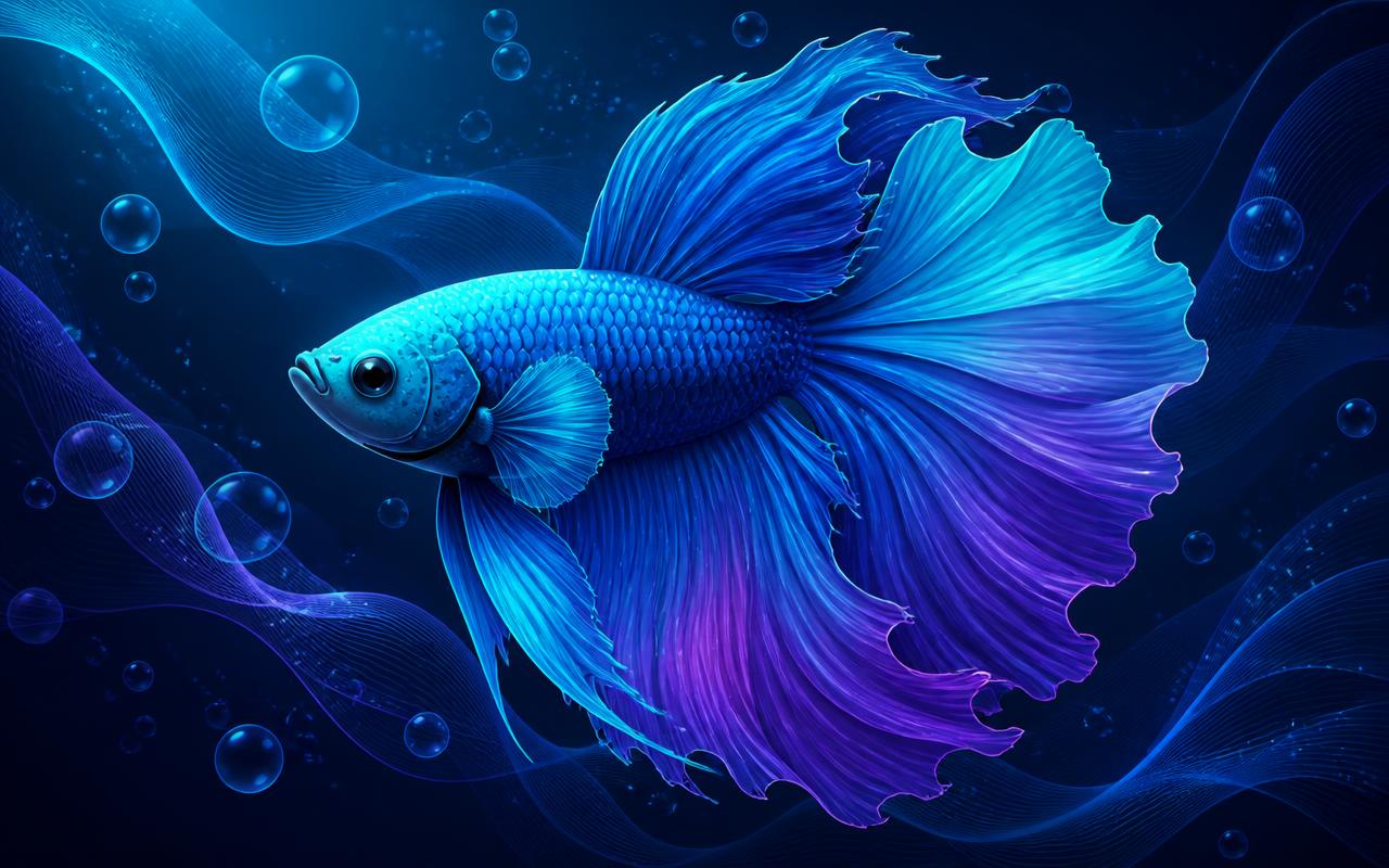 A Betta owner observing their fish through the aquarium glass, in AquaCoda cyan, blue and purple tones